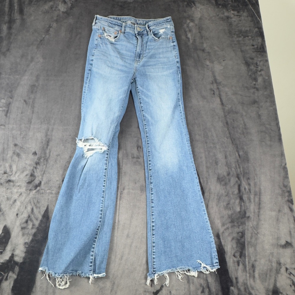 American Eagle Jeans Womens 6 Blue Super Hi-Rise Flare Distressed Frayed Hem